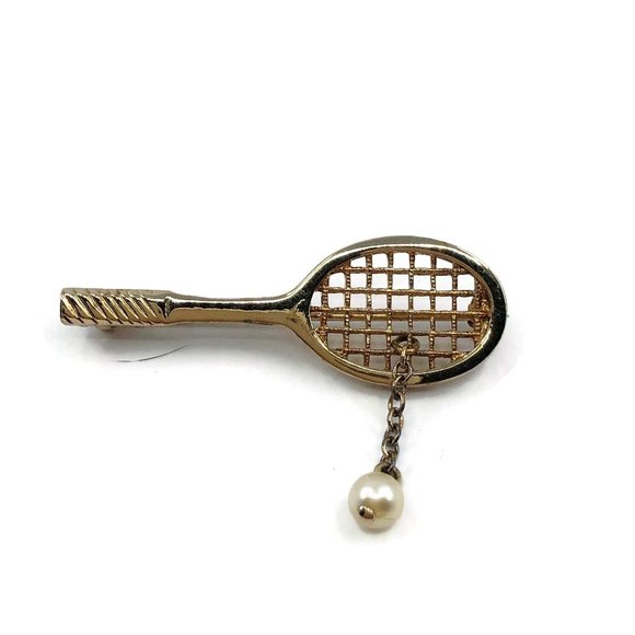 Vintage Avon Tennis Racket Brooch Faux Pearl Dangl - Picture 2 of 4